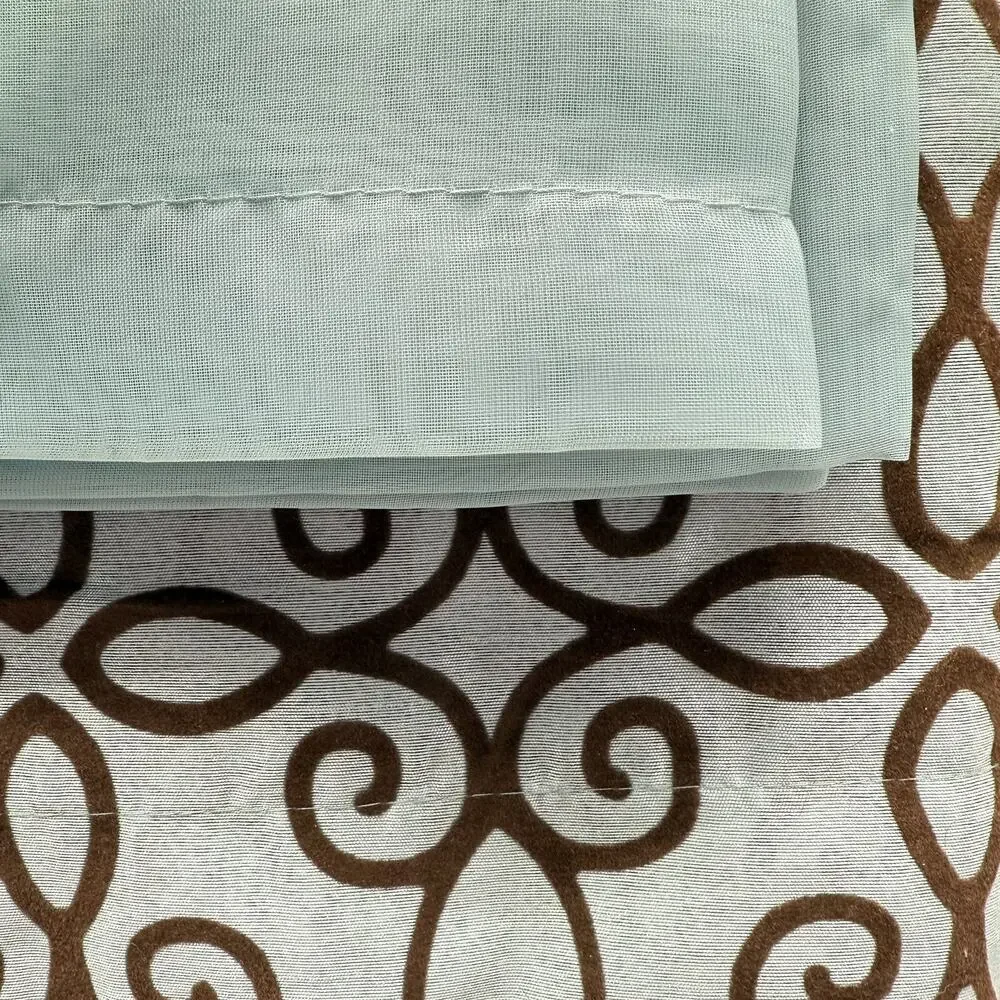 Curtain Panels & Sheers Set 2 Panels Sheers Tie Backs Spa Blue Chocolate Scroll